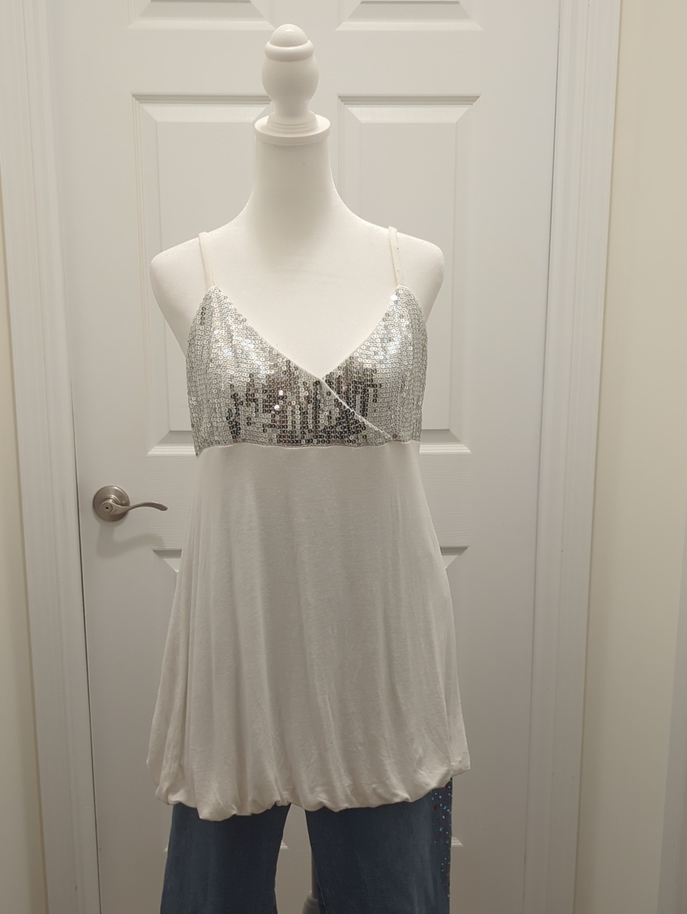 INC International Concepts Silver-Sequin Bust White Cami Tunic
